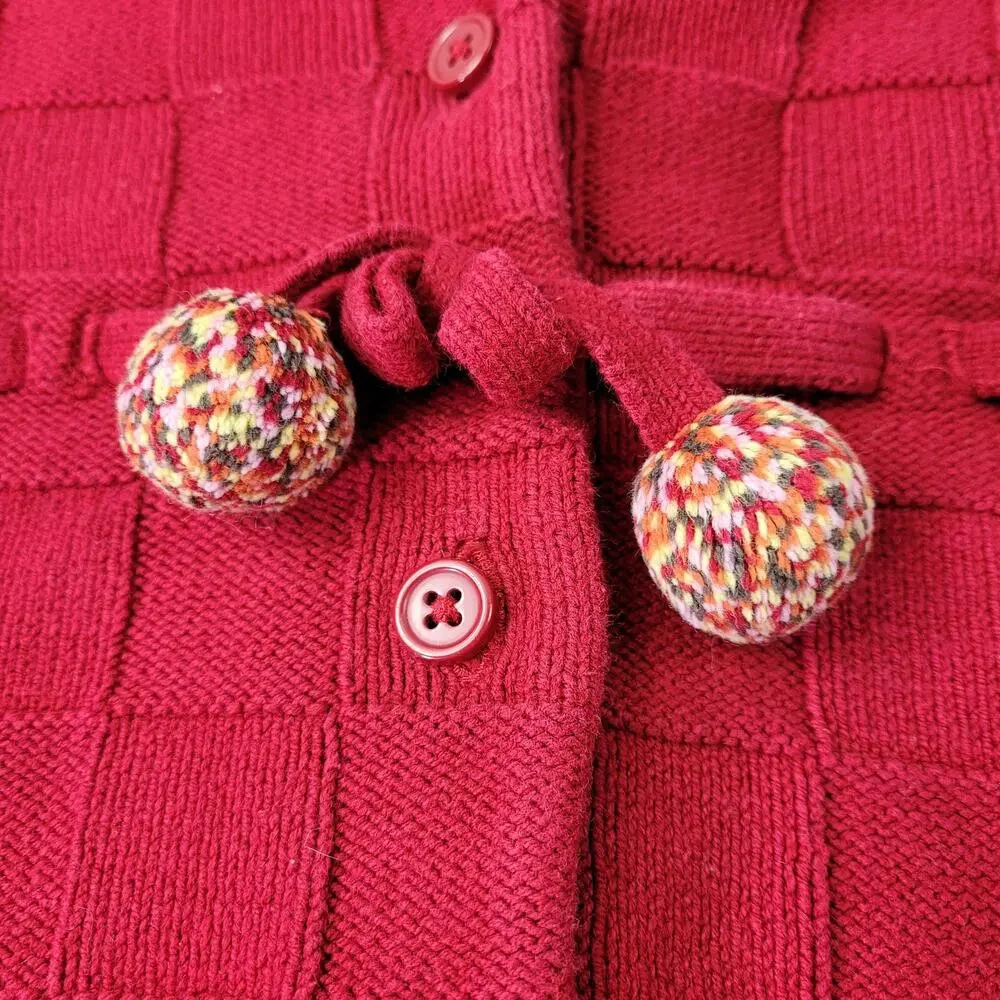 Gymboree Girl's Red Basketweave Button Front Sweater Holiday Pom Poms sz Small